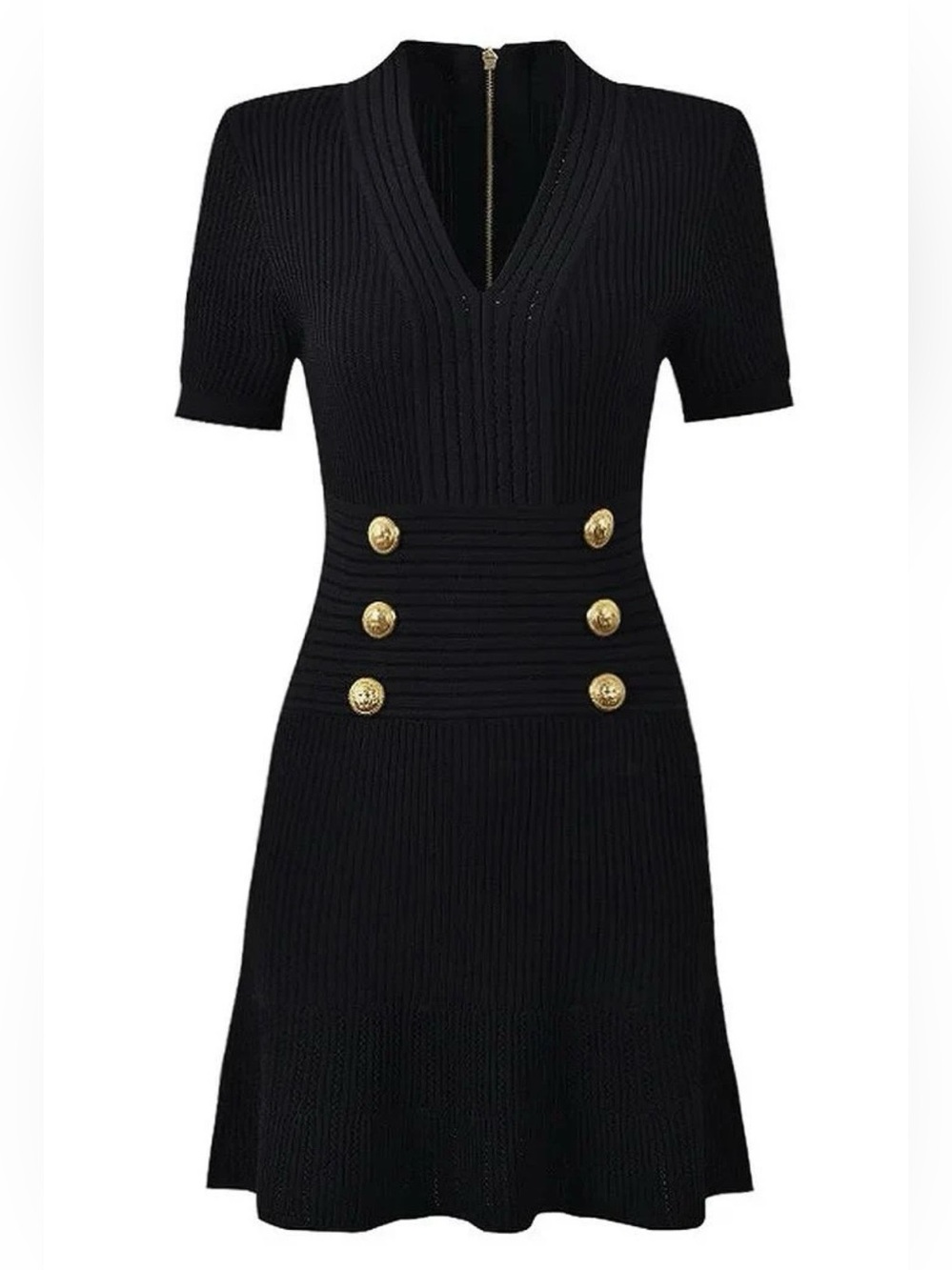 Sierra Darien Black Ribbed Short-Sleeve Dress with Gold Button Detail, S
